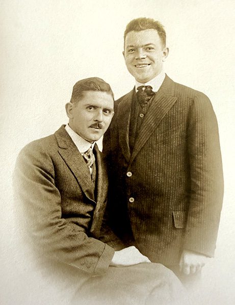 Two Buttons The rounded “club collar” and the high cut vest are typical of 1915-1920 Edwardian men’s fashion.<br />
The close postures of these two men suggest something more than mere friendship.