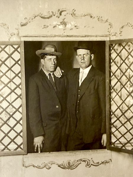 Window & Hats The rounded “club collar” and the high cut vest are typical of 1915-1920 Edwardian men’s fashion.<br />
The close postures of these two men suggest something more than mere friendship.